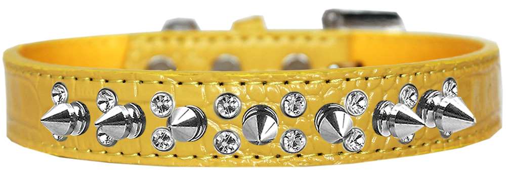 Double Crystal and Spike Croc Dog Collar Yellow Size 18